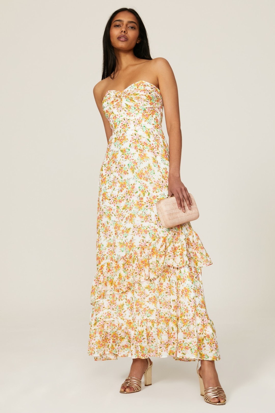 Shoshanna Remy White Orange Floral Print Strapless Ruffled Maxi Dress 8